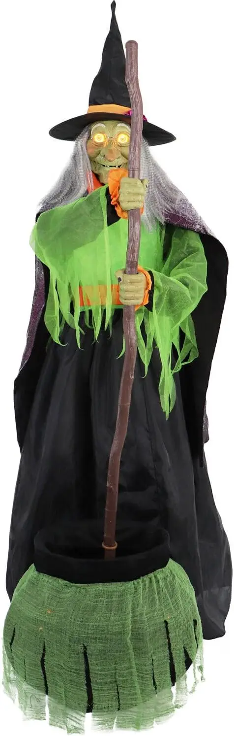 6-Ft. Tall Cauldron Witch, Motion-Activated Spooky Halloween Animatronic, Plug-in Talking Halloween Prop for Indoor