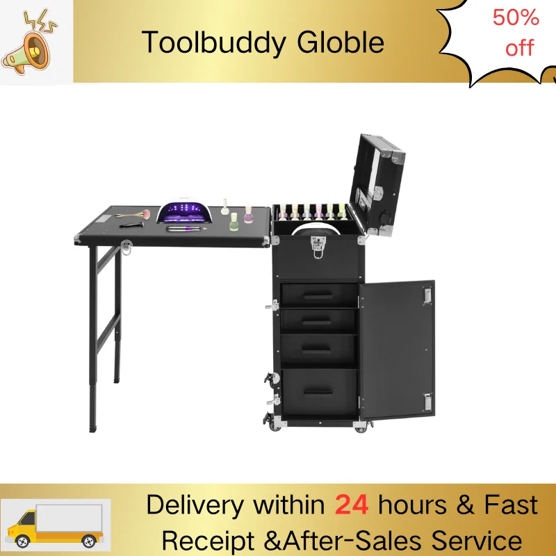 Profesjonalny mobilny stół do manicure z głośnikiem Bluetooth, lustrem, 4 szufladami, składany wózek kosmetyczny, organizer do przechowywania przyborów do makijażu.