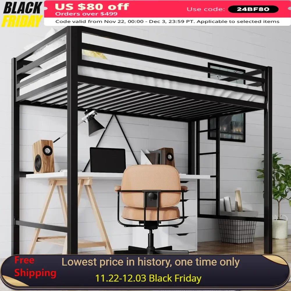 Small Loft Bed Twin Size with Full Length Guardrail and Removable Staircase, No Noise, Space Saving, No Springs Required, Black