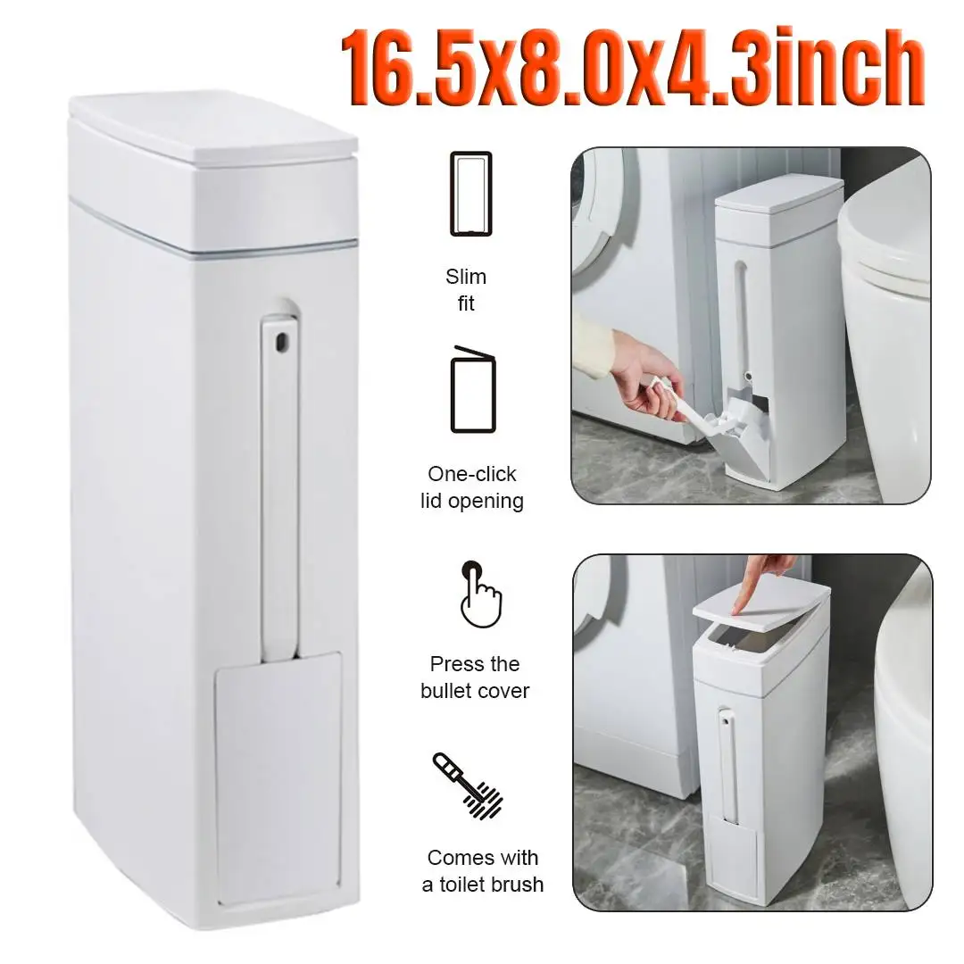 

Compact Trash Can with Cleaning Brush & Lid Save Space Small Waste Trash Can Garbage Bucket for Bathroom Narrow Space Household