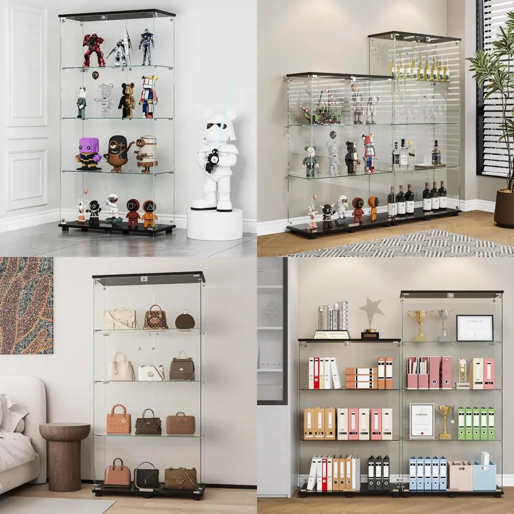 

Напольный стеклянный шкаф-витрина с 4 полками, двойными дверцами и замком, книжная полка Curio из закаленного стекла для гостиной