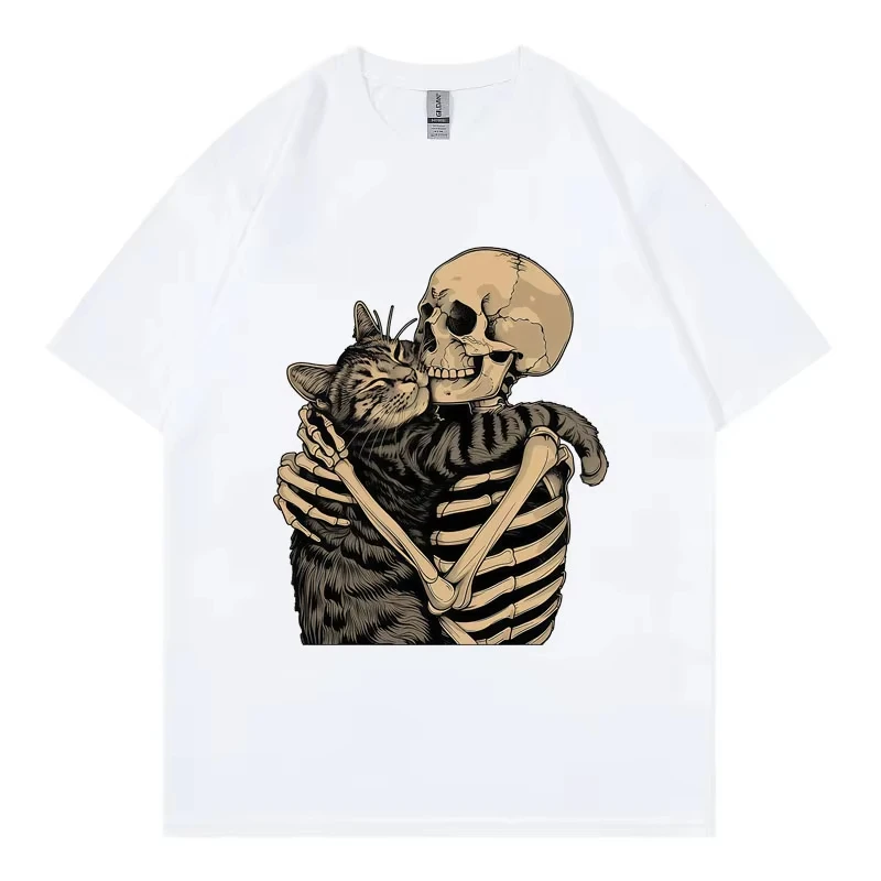 Skeleton Hugging Cat Graphic T Shirts Men Women Fashion Vintage Short Sleeve T-shirts Summer Casual Cotton T-shirt Streetwear