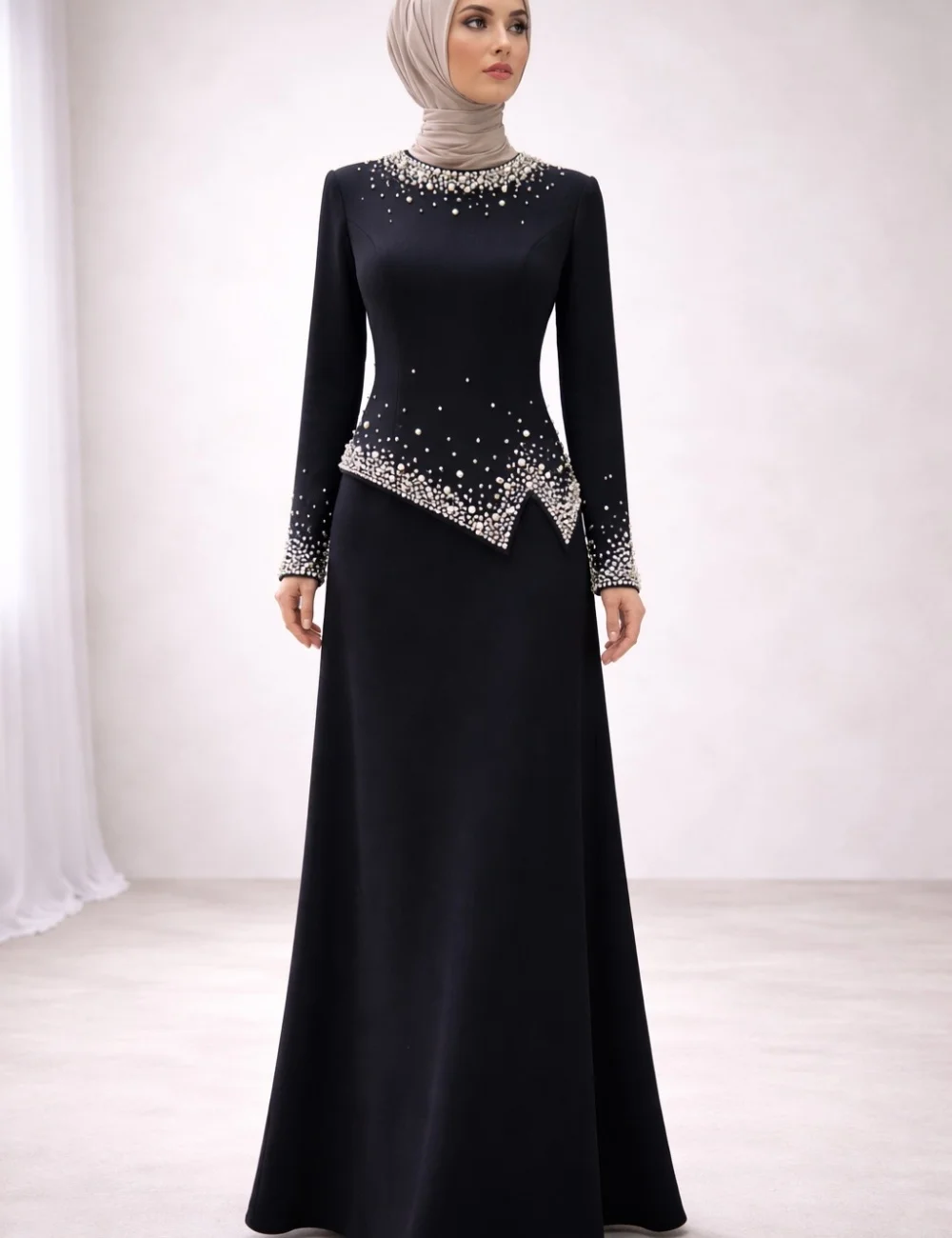 

Customized Luxury Classic Jersey Pleat Pearl Rhinestone A-line Scoop Neck Floor-Length Evening Dresses For Birthday Party