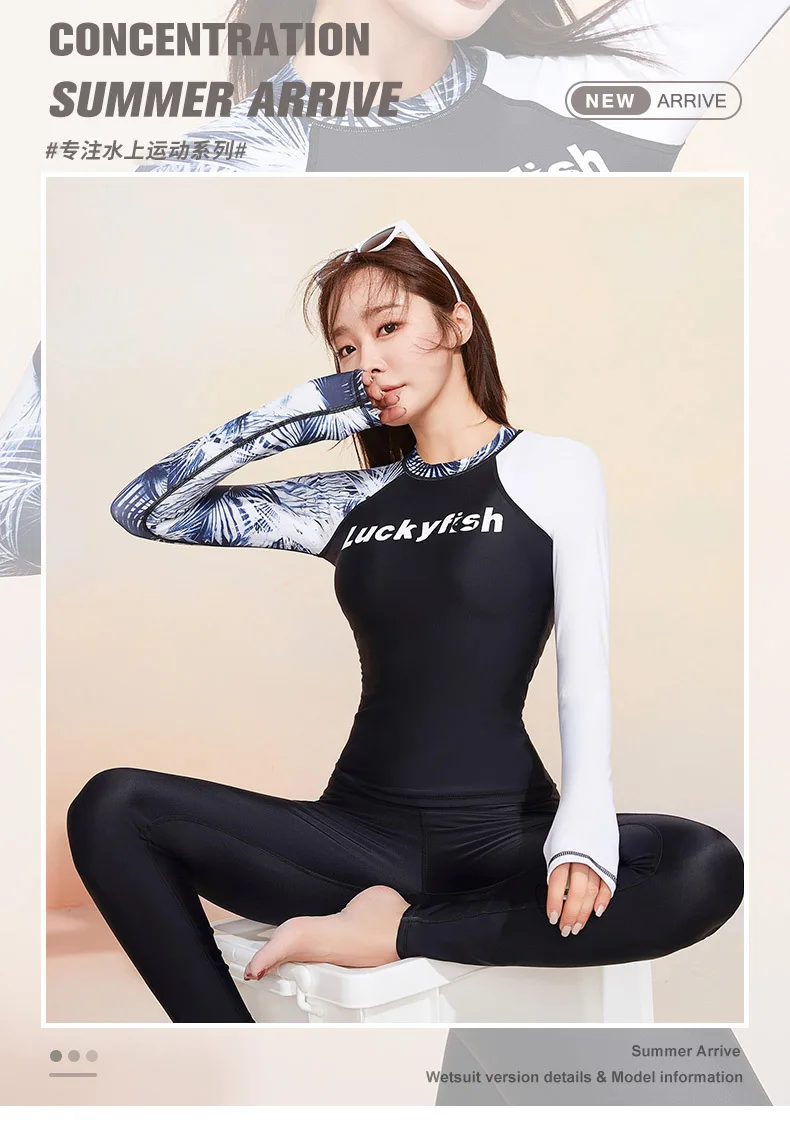 النساء 3 قطعة طويلة الأكمام مقاوم للماء دنة الاستحمام طفح الحرس قميص جذوع تنورة UPF50 + سريعة الجافة الشاطئ تصفح ملابس رياضية #5