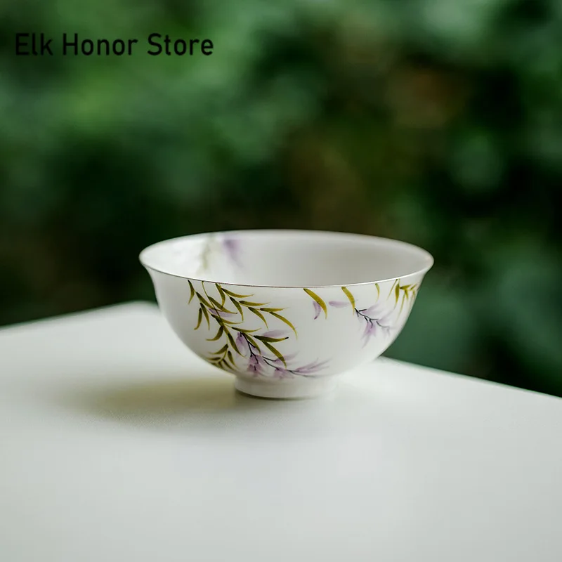 82ml Pure Hand-painted Wisteria Flower Teacup Elegant Teacup Puer Tea Bowl Mug Large Fragrance Cup White Tea Teaware Ornaments