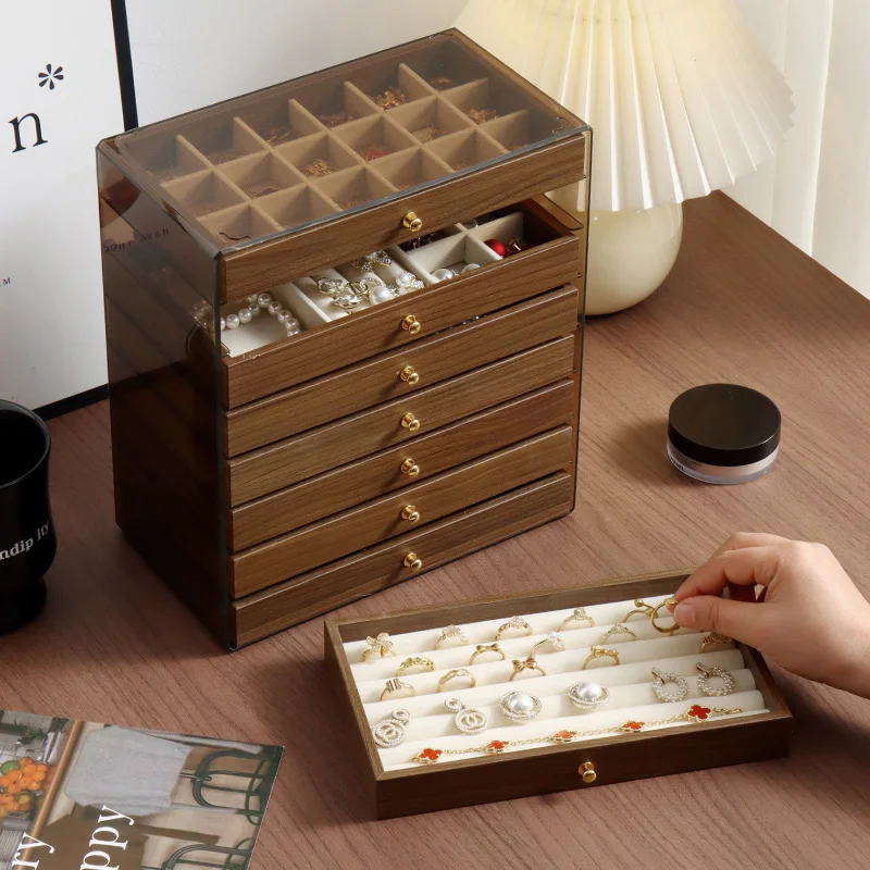 8 Layer Walnut Color Jewelry Storage Box, High-End Elegant Large Capacity Earring Necklace Accessory Organizer
