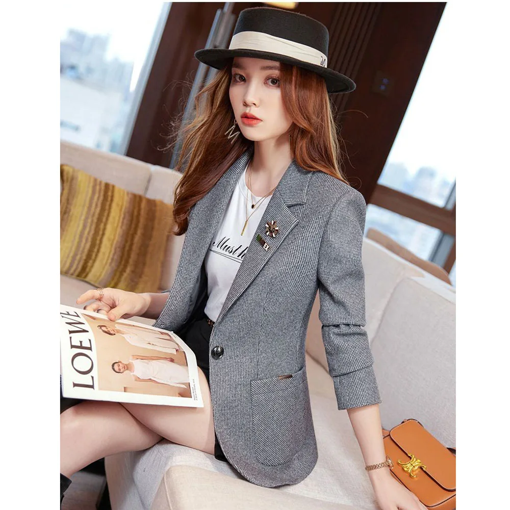 Woolen Blazer Jacket NEW Spring Autumn Women Elegant High End Slim Suit Overcoat Fashion Notched Collar Single Button Tops 4XL