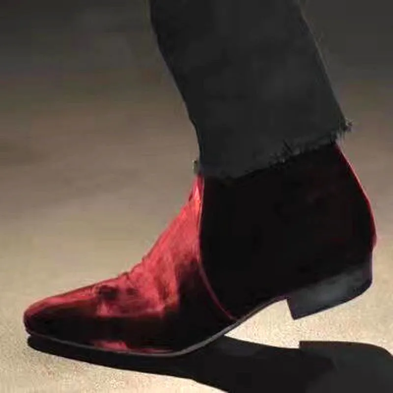 Noble Blue Burgundy Velvet Square Heel Men Ankle Boots Pointed Toe Zipper Back Wine Red Solid Man Chelsea Boots Zapatos Hombres