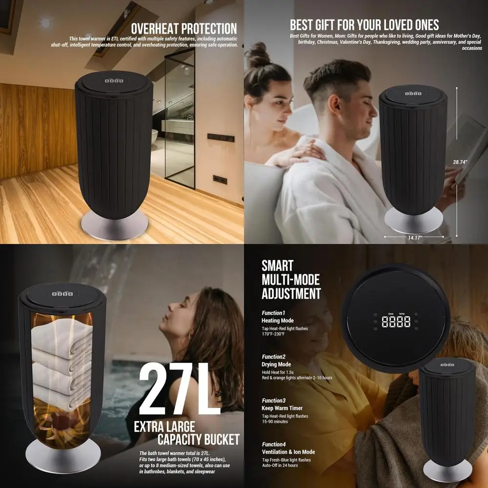 

Сушилка-нагреватель для полотенец с быстрым нагревом за 5 минут, функцией ароматерапии, ночником и сертификацией ETL для полотенец, одеял и одежды (черный)