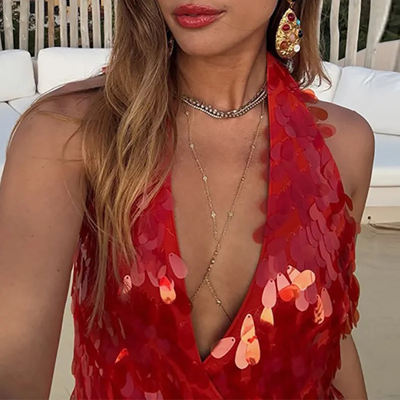 

Fashion Hot Girl Sleeveless Backless Evening Dress Temperament Slim Solid Dresses Banquet Deep V Neck Sequins Ribbon Short Dress