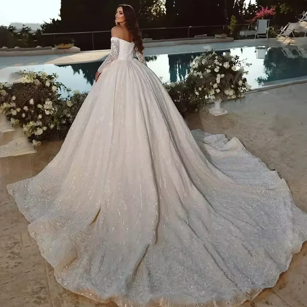 Customized Romantic Wedding Dress For Woman Bride Lace Beading Embroidery Appliques Full Sleeves Off The Shoulder  Bridal Gown