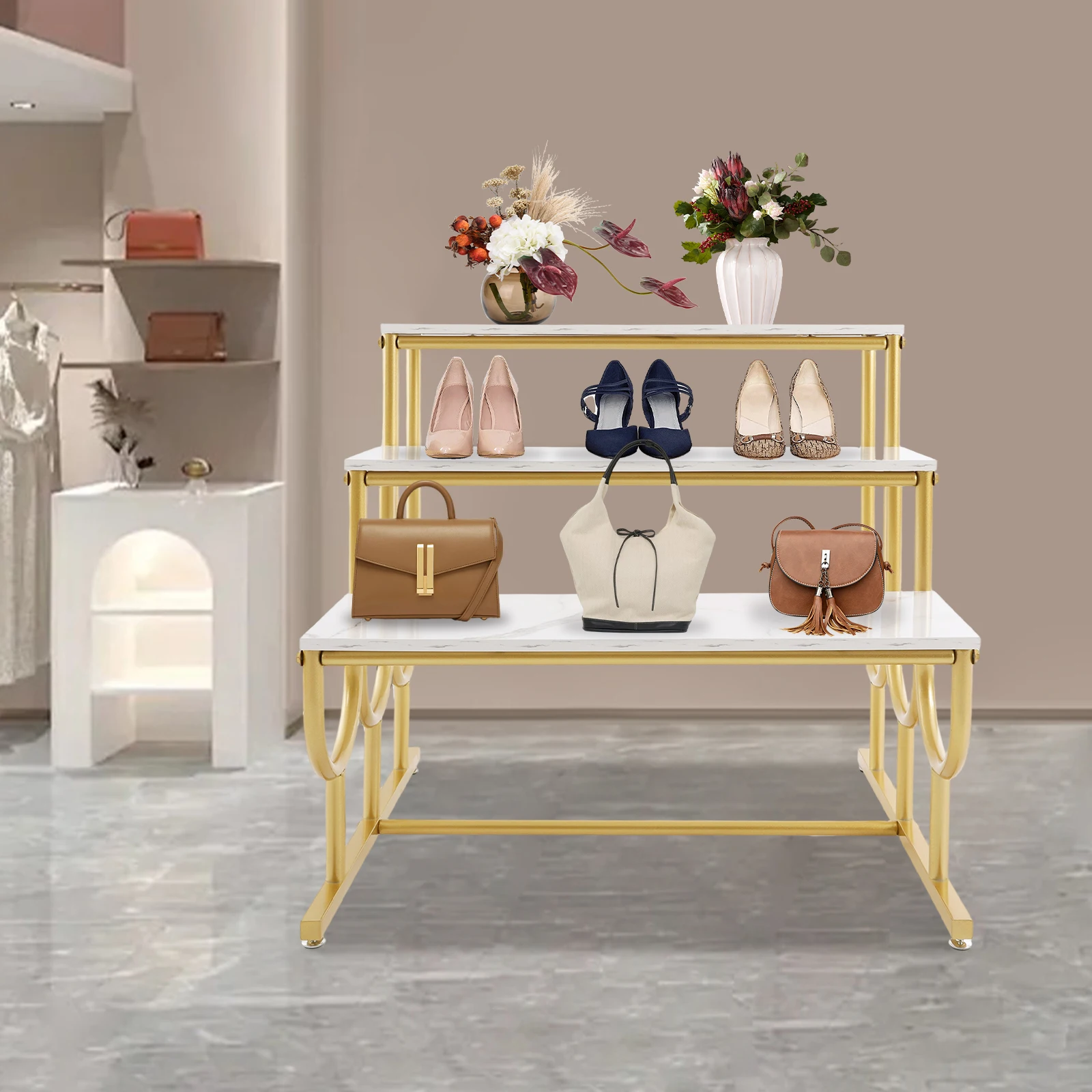 

3-х уровневые сверхмощные витрины, современные золотые современные стоячие витрины для обуви, сумок, одежды, розничного магазина