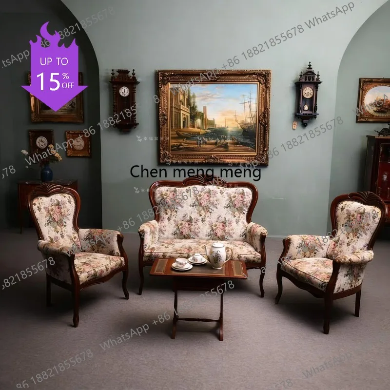 

M53 French pastoral solid wood vintage single sofa floral lounge chair reception chair