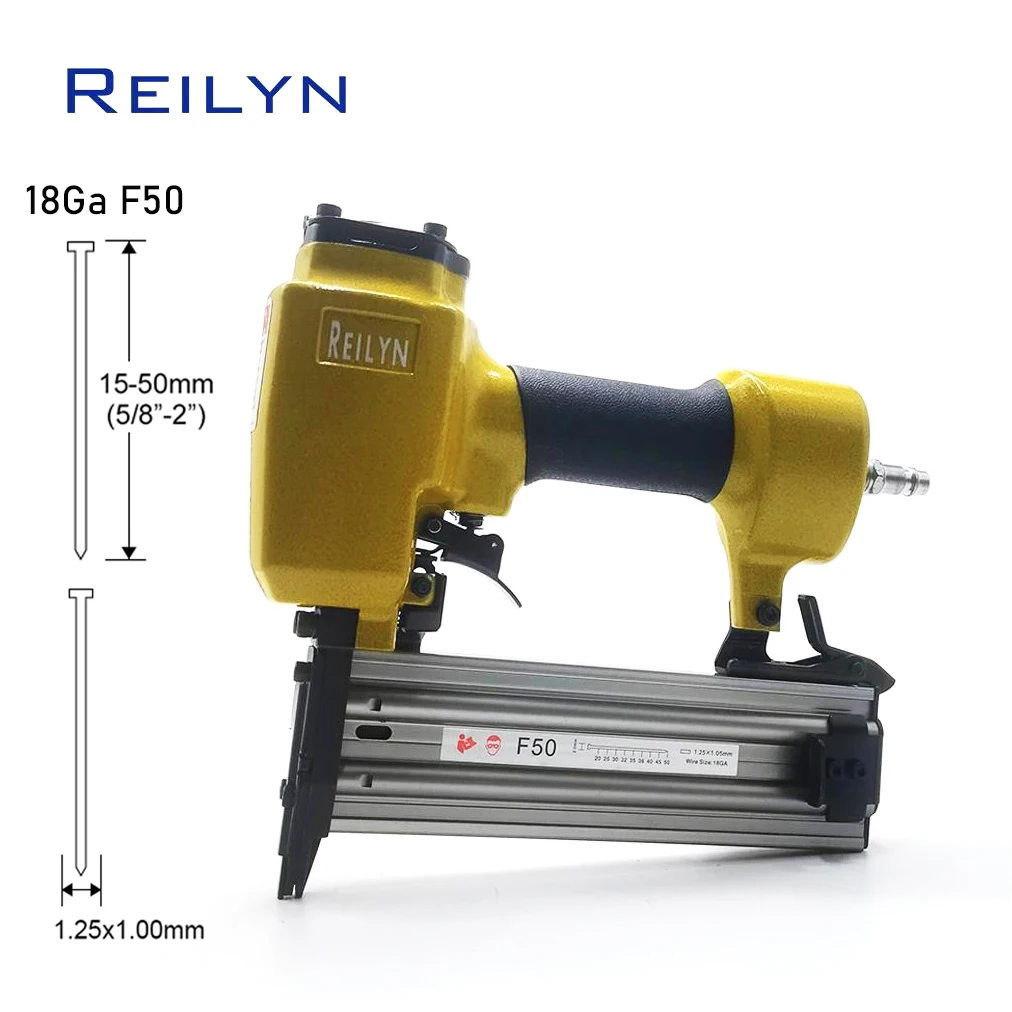 

REILYN 18GA Воздушный гвоздезабивной станок F50 Пневматический степлер 15-50 мм Прямой пистолет для гвоздей для пробкового каркаса дивана Мебельная обивка