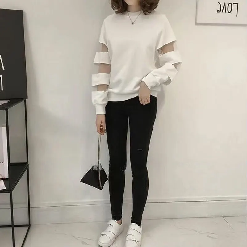 Fashion Korean Gauze Patchwork T-shirt Casual Female Clothing Solid Color All-match Long Sleeve Spring Autumn O-Neck Pullovers