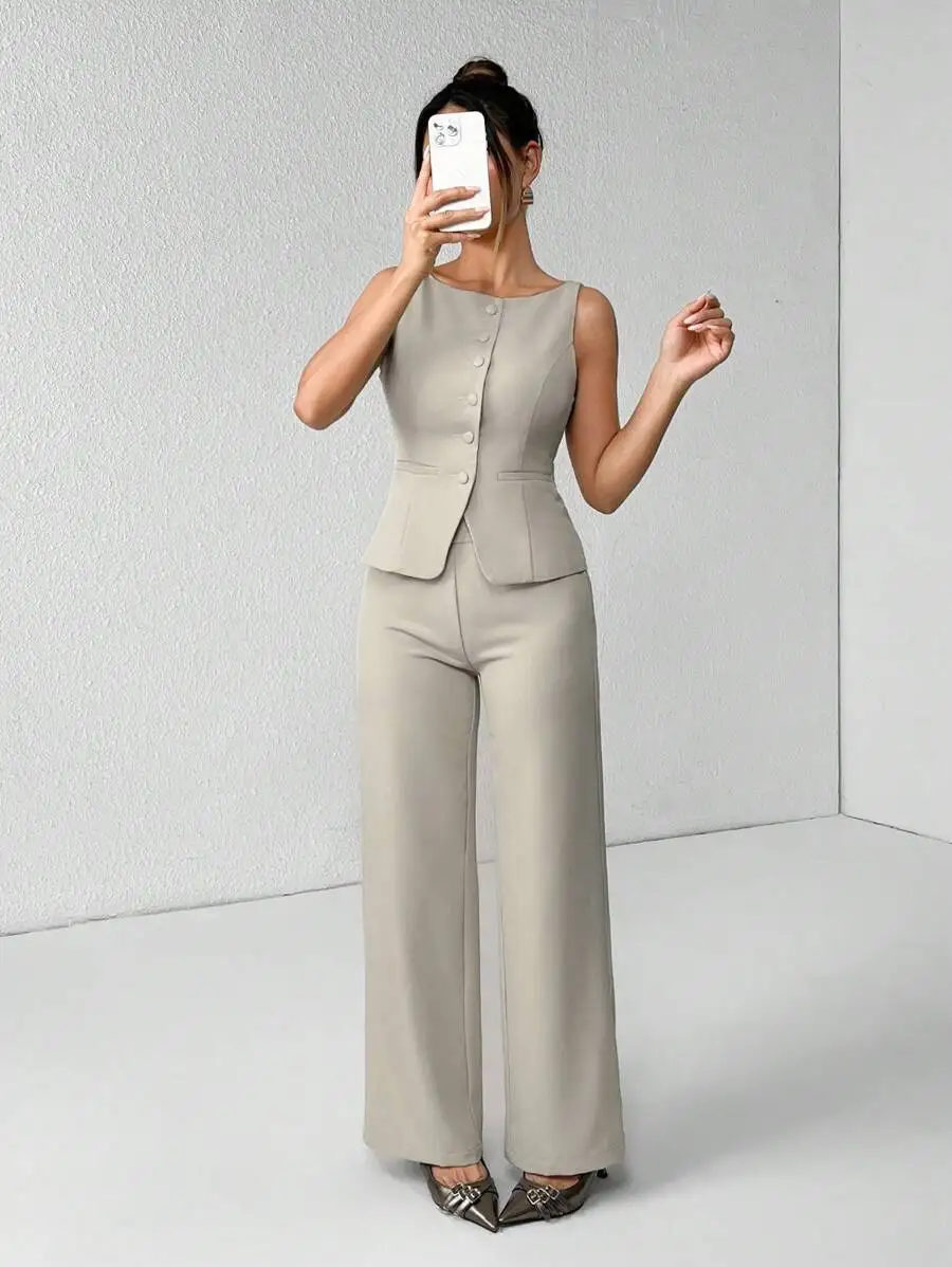 

Elegant Sage Green Two-Piece Office Suit For Women: Button-Front Peplum Vest With Wide-Leg Trousers, Business Casual Wear