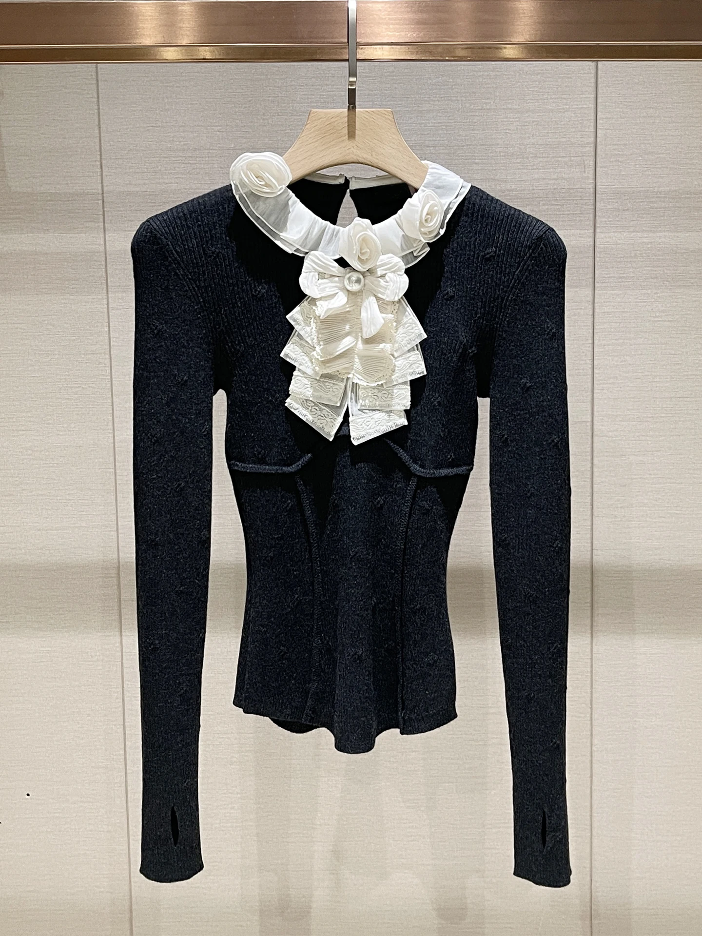 

Ele Slim Fit ey Knitted Top with Lace round Ne And Knot Design for Women Casual Luxury Sle Autumn Winter ...