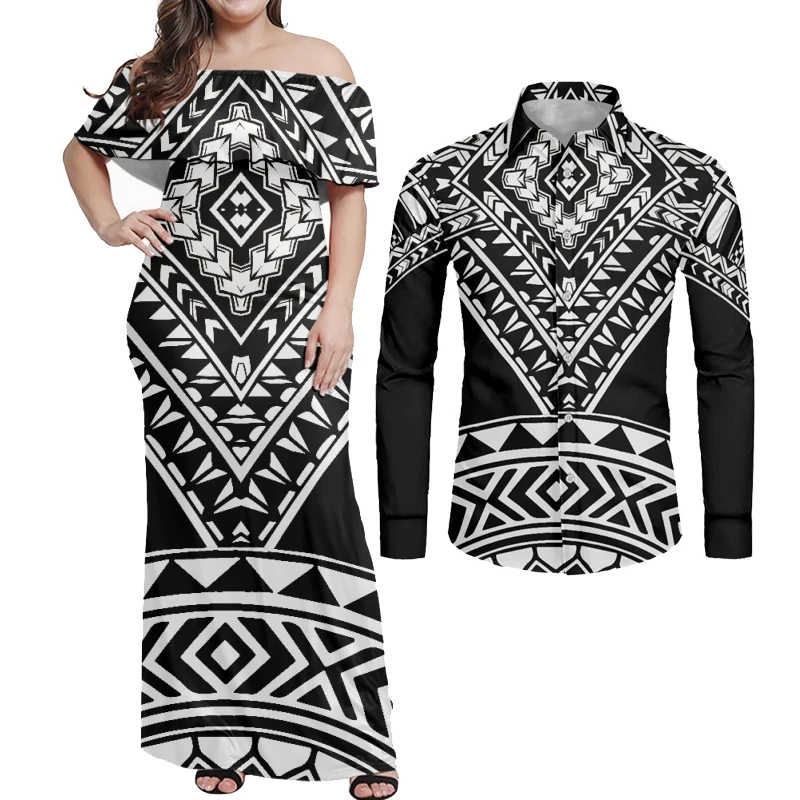 

HYCOOL 2023 New Polynesian Tribe Couples Matching Clothing Set Summer Casual Sexy Off Shoulder Long Bodycon Dress For Women