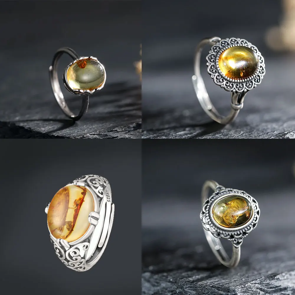 

Vintage Silver Amber Rings, Natural Resin Gemstone Jewelry for Women, Unique Retro Style Ornaments with Collection Value gift
