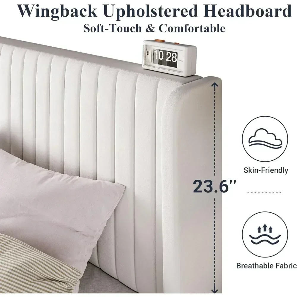 Bed Bases,King Size Velvet Bed Frame/Vertical Channel Tufted Wingback Headboard/No Box Spring Needed Platform Bed Bases image 3