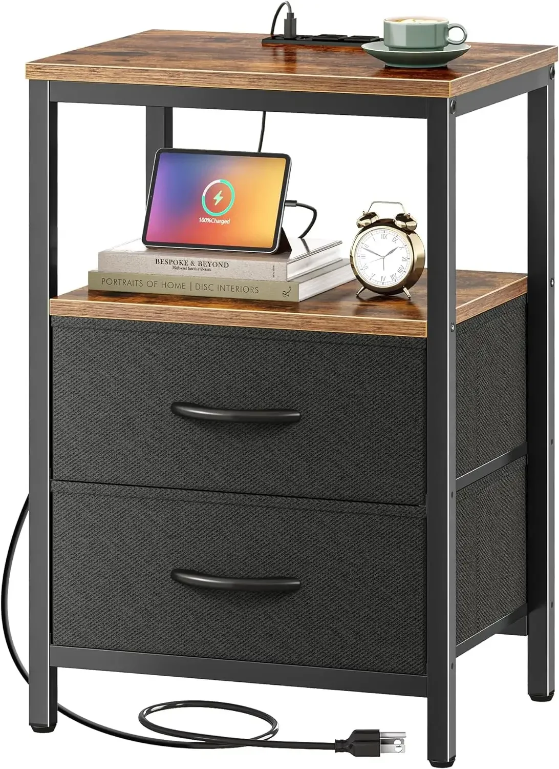 

Nightstand with Charging Station, Side Table with Fabric Drawers, End Table with Open Shelf, Bedside Table USA