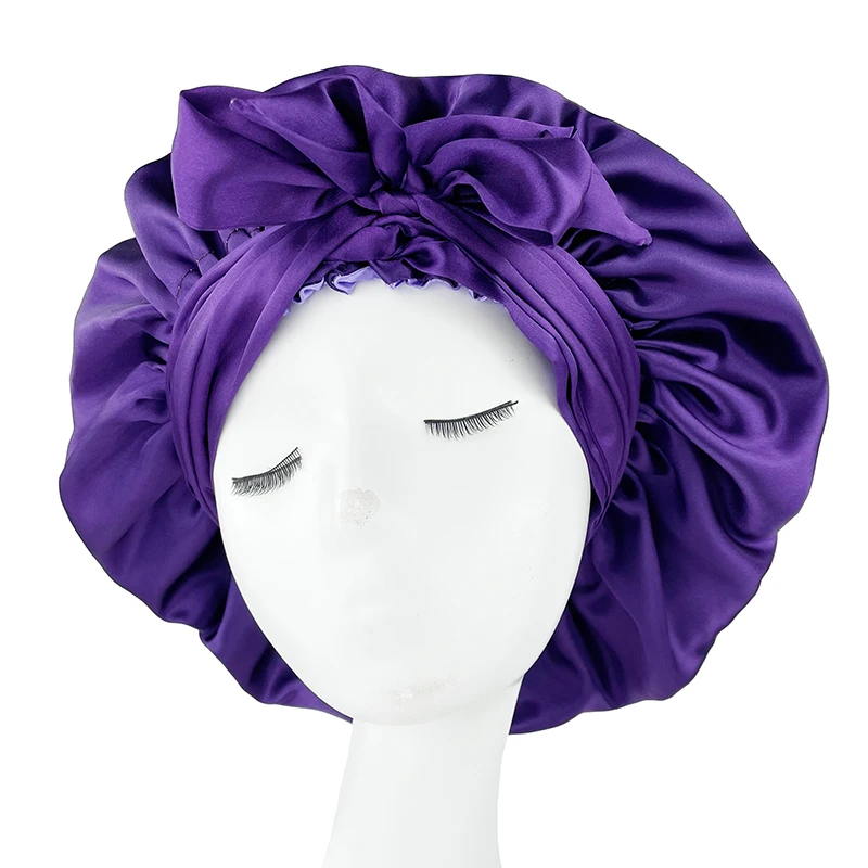 Double Layer Satin Bonnet Women Silky Sleeping Hat with Long Ribbon Wrap Headwrap Large Size Solid Bonnet for Curly Hair Wraps