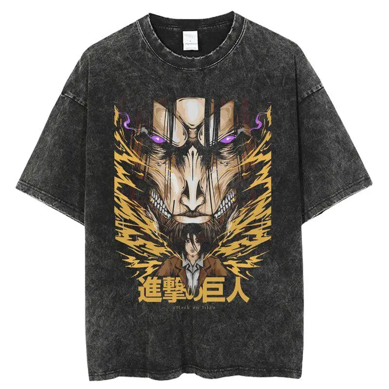 

Футболка Attack on Titan Eren Yeager Attack Titan Vintage Flame Acid Wash Oversized Black T 2026 Summer Streetwear с аниме-графиком