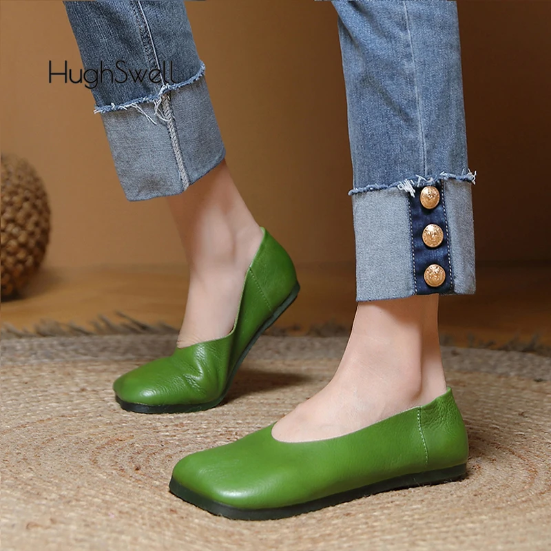 Concise Square Toe Leather Loafers Woman Soft Slip-on Flat Shoes Ladies Vintage Moccasin Zapatos In Red Green Color