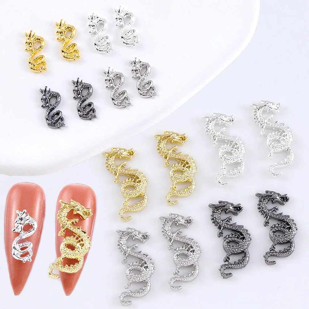 10Pcs/lot 3D Zodiac Dragon Nail Art Charms Alloy 2023 Luxury Gold Silver Black Luxury Retro Chinese Decorations Nail Parts Bulk