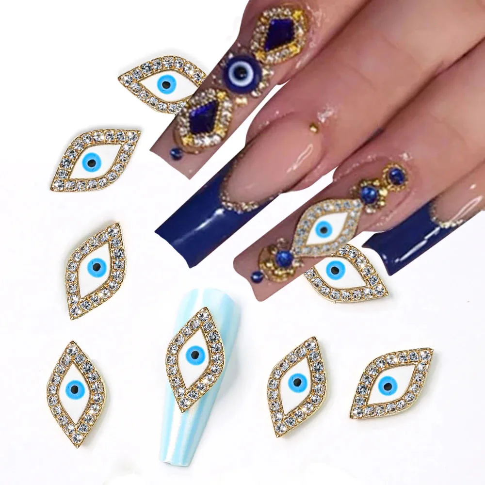 10pcs Devil's Blue Eye Luxury Nail Charms Glitter Rhinestones Evil Eye Metal Alloy Nail Art Decoration Manicure Accessories Tool