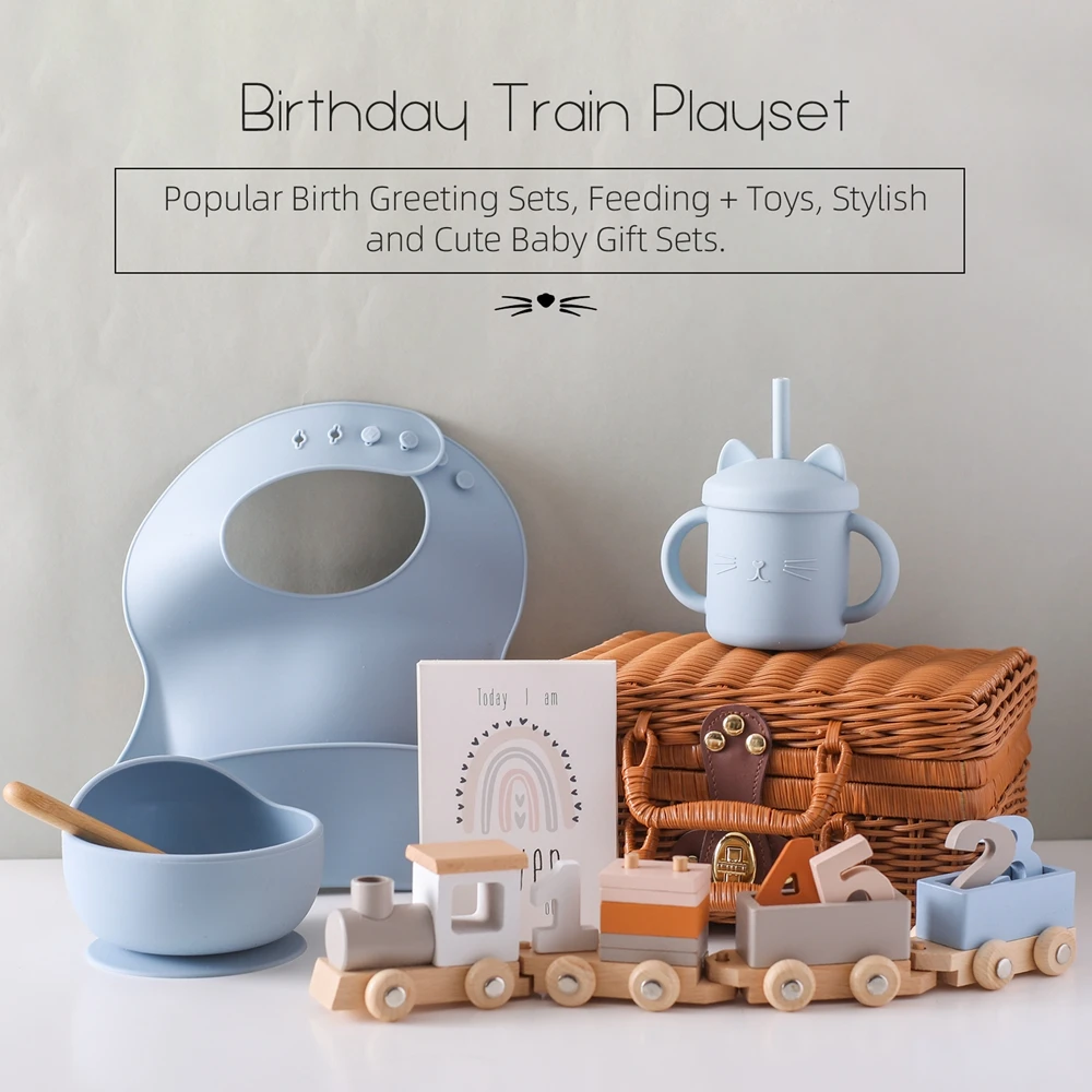 Newborn Vintage Gift Box Set Baby Silicone Feeding Bowl Spoon Bib Cup Wooden Train Toy Baby Birth Commemorative Photography Prop