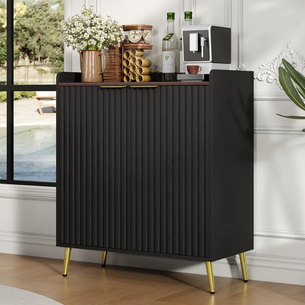 Farmhouse Style Wine Bar Cabinet with Fluted Doors, Glass Holders, and Removable Rack for Modern Coffee Storage