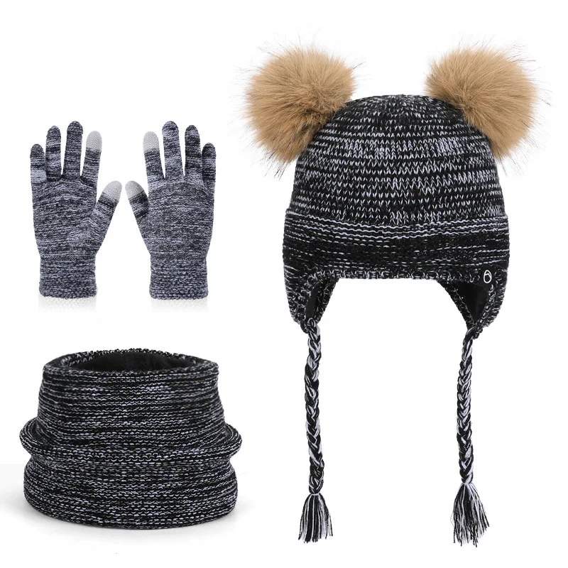 الشتاء بوم بوم الأطفال القبعات مجموعة محبوك يندبروف الفتيات الفتيان قبعات قفازات وشاح الصوف الدافئة في الهواء الطلق قبعات للأطفال القفازات