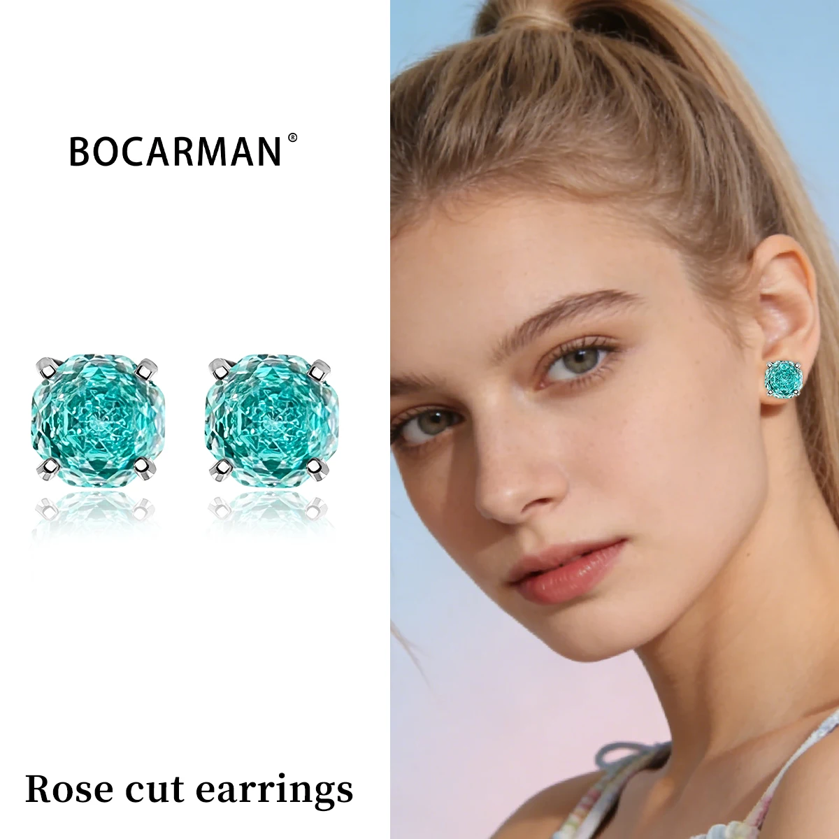 Bocarman Rose Cut Stud Earrings S925 Silver Paraiba Gradient Zirconia Hypoallergenic Glamorous Jewelry for Her