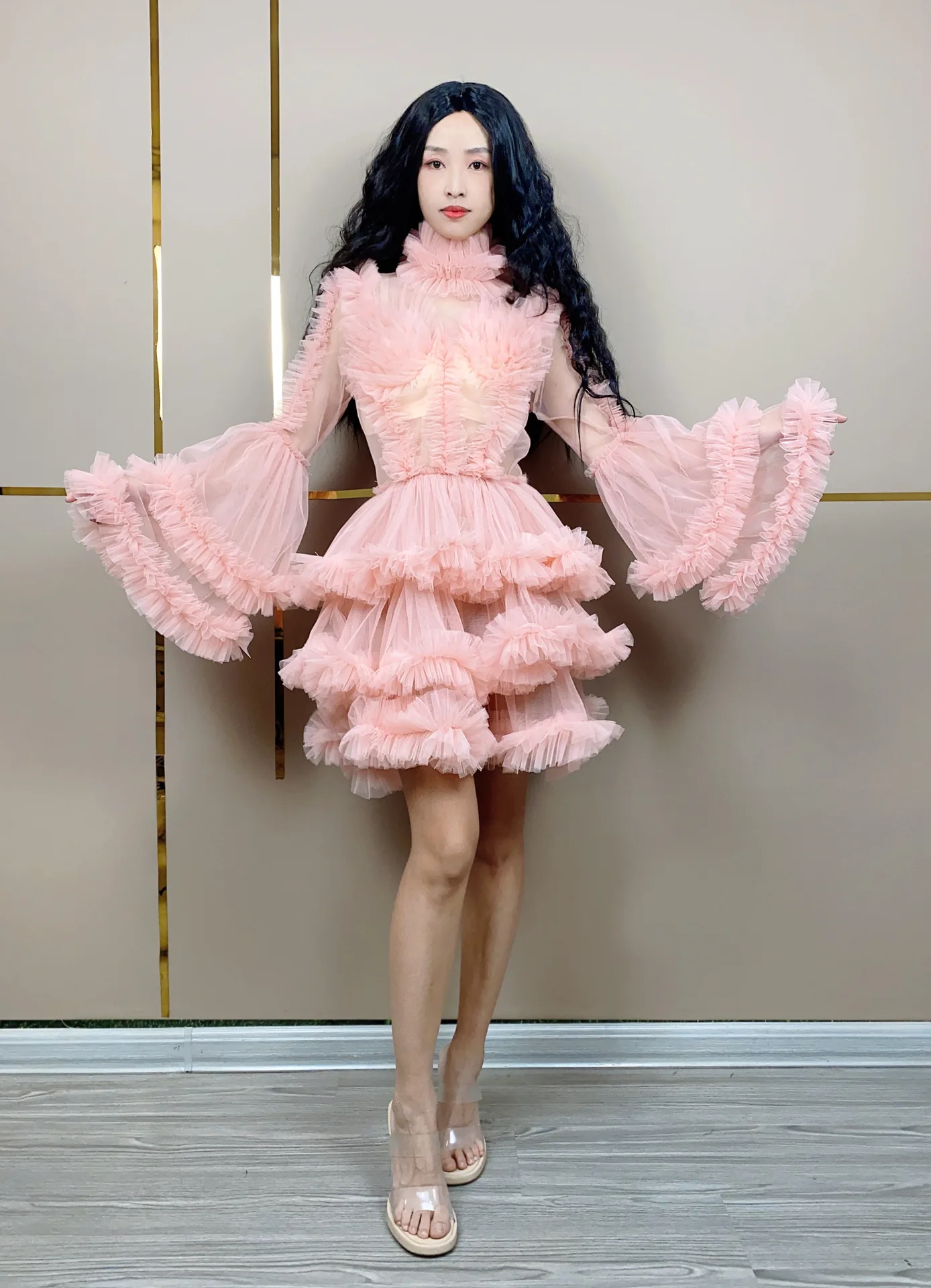 Mesh Bubble Sleeves Girl Heart Tutu Skirt Waist High Neck Long Sleeves Birthday Party Stage Host Evening Dress Prom Dress Luxury