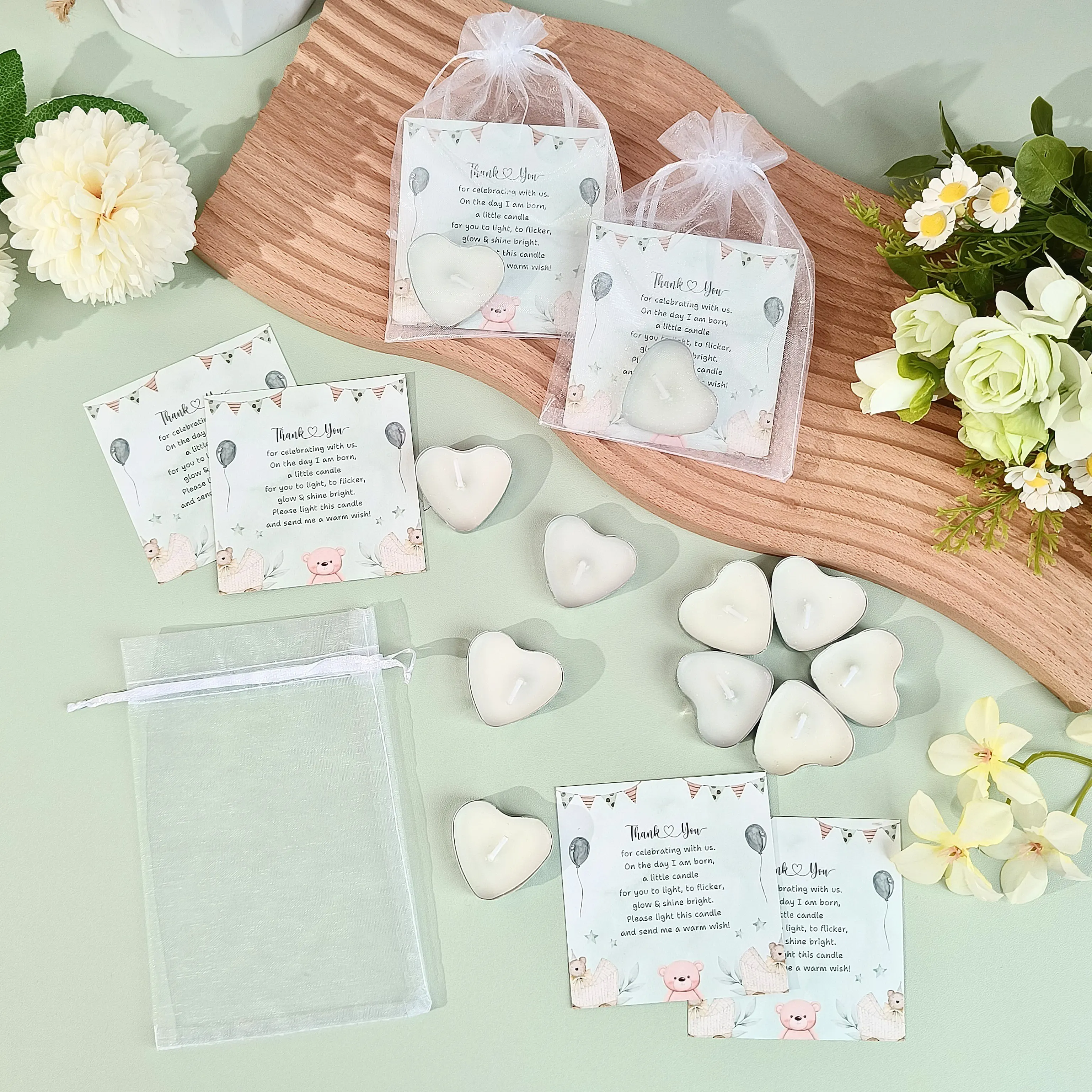50 مجموعة من شموع استحمام الطفل، شموع قلب صغيرة لطيفة مع بطاقات وحقائب هدايا للكشف عن الجنس، ديكور الحفلات