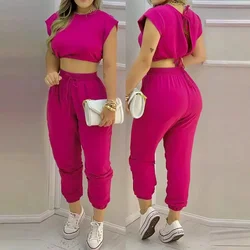 Fashion 2 Piece Set Women Outfit 2024 Summer Rose Red Casual Backless Lace Up Crop Top & High Waist Pocket Cuffed Pants Suits