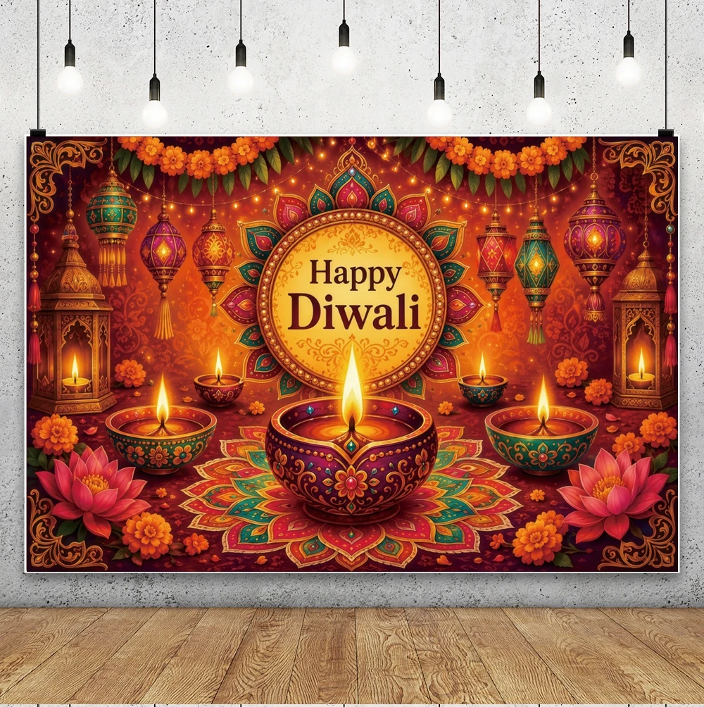 Yeele Happy Diwali Photography Backdrop Golden Diya Lamp Lotus Marigold Indian Festival Party Portrait Background Photo Studio