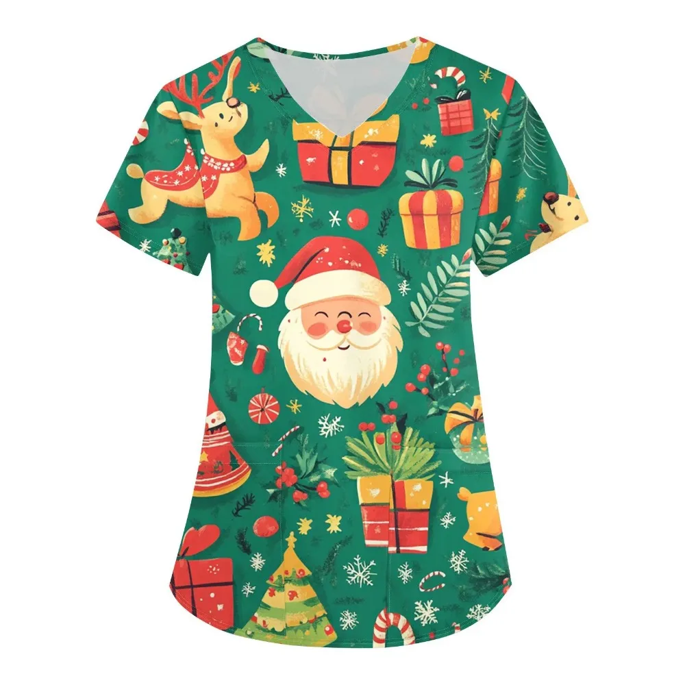 Women Nurse Uniform Christmas Thanksgiving 3d Print V-Neck Pocket Medical Uniforms Cartoon Nursing Scrubs Short Sleeve Pocket Lo