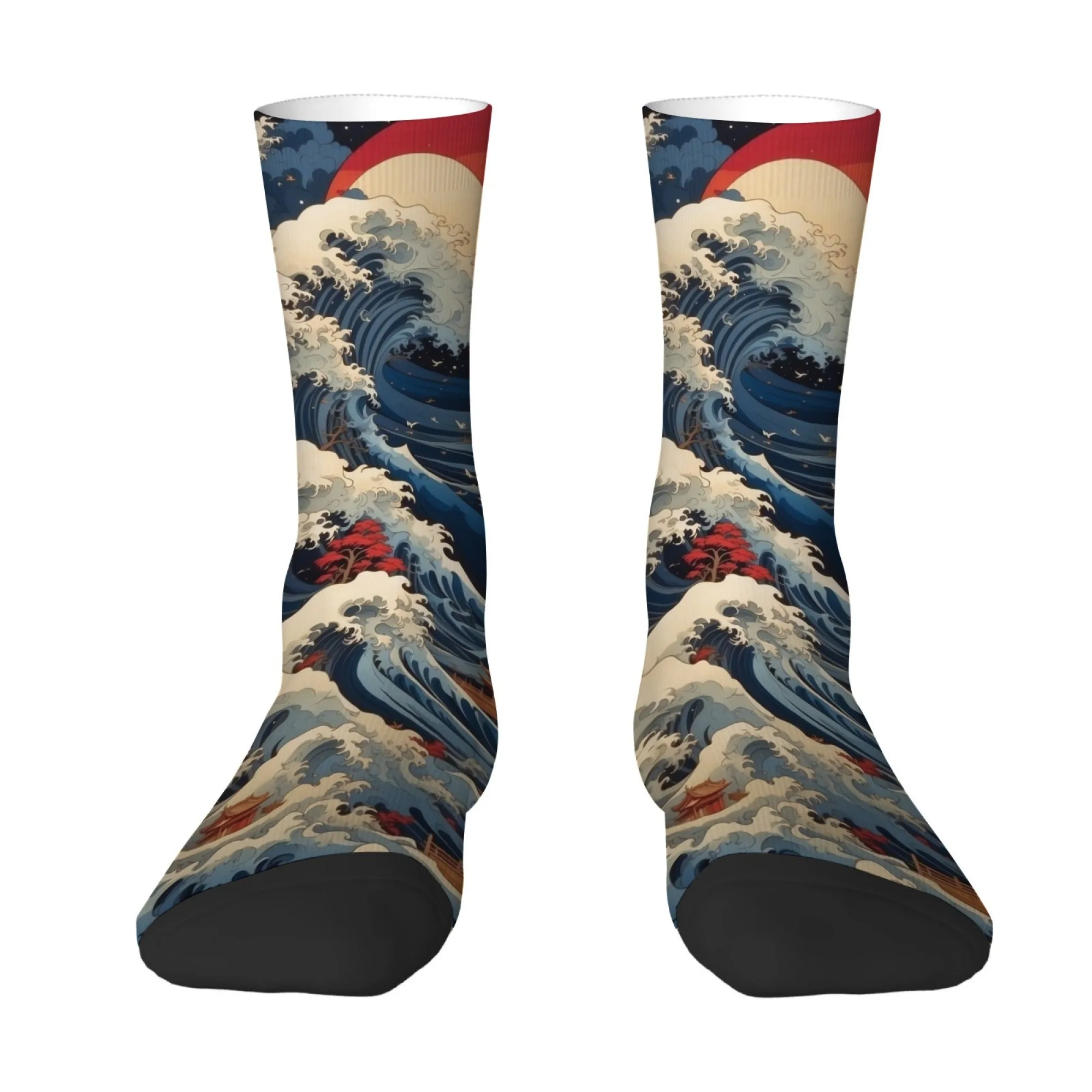 Japanese Ukiyo-e Kanagawa Print Men's Mid-calf Socks Comfortable Soft Breathable Retro Harajuku Cute Cartoon Style Socks