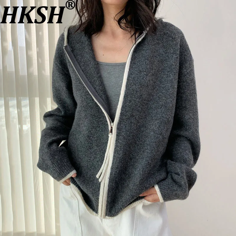 

HKSH осень-зима новый женский свитер с капюшоном на молнии цветных блоков универсальная корейская трендовая спортивная одежда повседневный вязаный кардиган HK13749