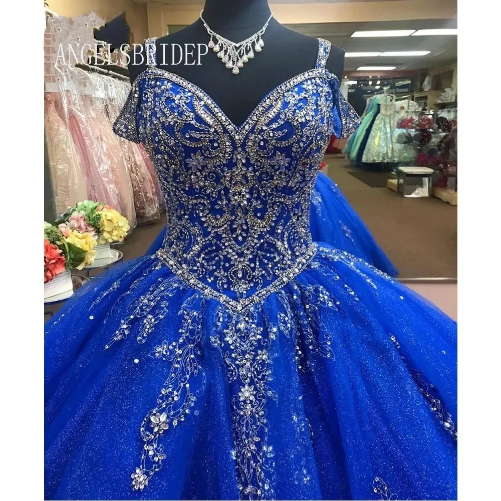 Angelsbridep vestido De baile azul real para Quinceañera, Vestidos De Quinceañera De 15 años, cuentas De cristal brillantes para niñas De 15 años