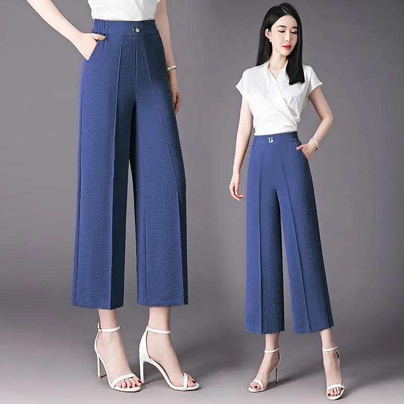 Fashion Women Loose Thin Wide Leg Pants Streetwear Korean Clothing New Summer All-match Casual High Waist Solid Cropped Trousers