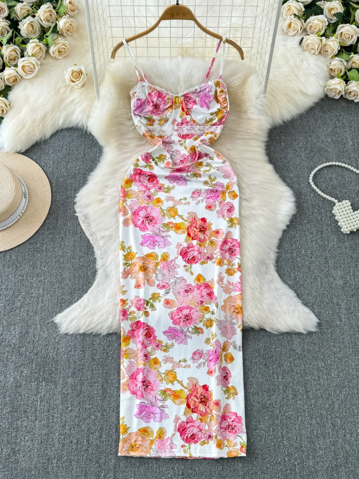 Foamlina Summer Fashion Floral Print Slip Dress for Women Elegant Lace Spliced Sleeveless Backless Sexy Bodycon Holiday Dresses