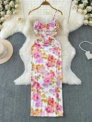 Foamlina Summer Fashion Floral Print Slip Dress for Women Elegant Lace Spliced Sleeveless Backless Sexy Bodycon Holiday Dresses