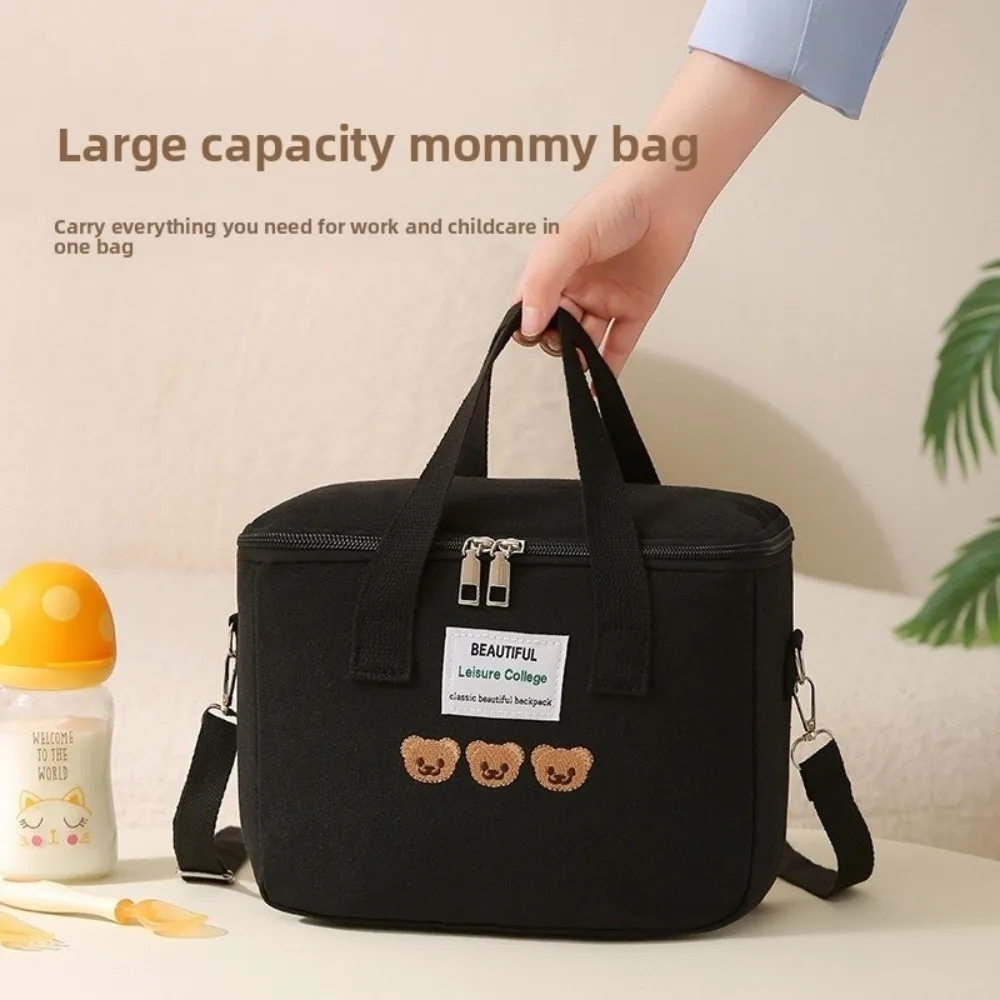 Simple Canvas Mummy Bag Bear Cartoon Single Shoulder Bag Large Capacity Picnic Dinner Container Baby Diaper Organizer Maternity