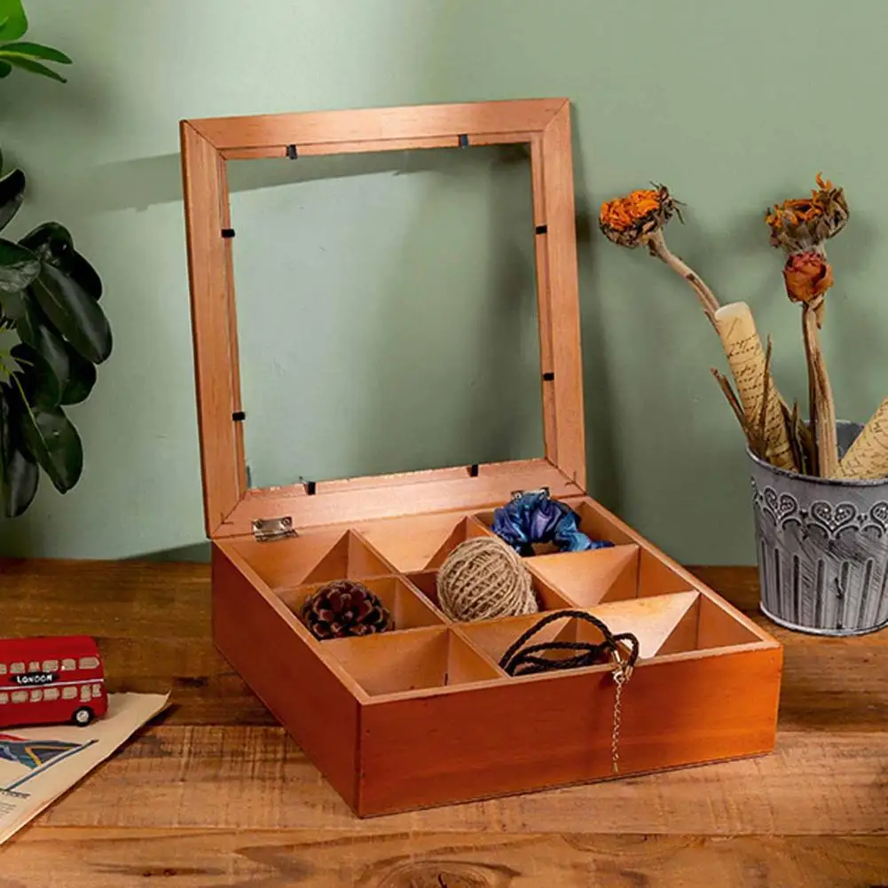 Storage Case Small Item Storage Container 9-compartment Wooden Storage Box with Acrylic Lid Retro Rock Collection Case for Small