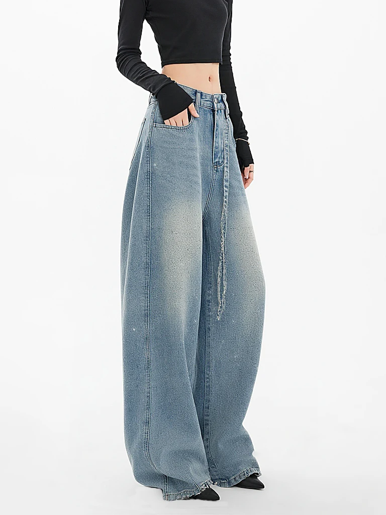 กางเกงยีนส์ทรงหลวมขาบานสไตล์อเมริกันย้อนยุค รุ่น Heavy Industry Tianxing Rhinestone สำหรับผู้หญิง