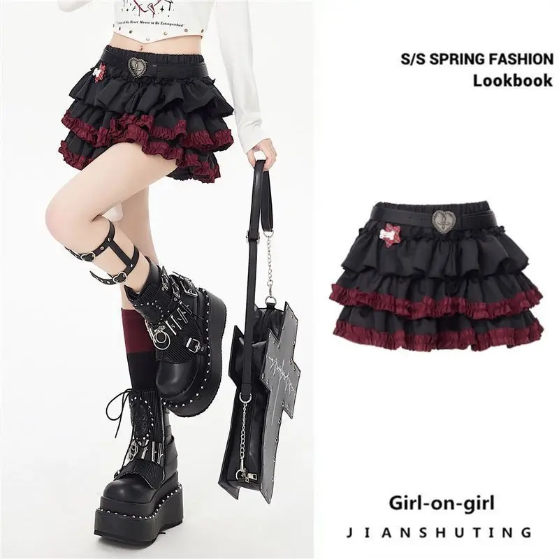 Harajuku Y2k Skirts 2025 Cute Cool Hot Girl Strap Lace Mini Cake Skirt Vintage Aesthetic High Waisted Gothic Punk Ruffles Skirt