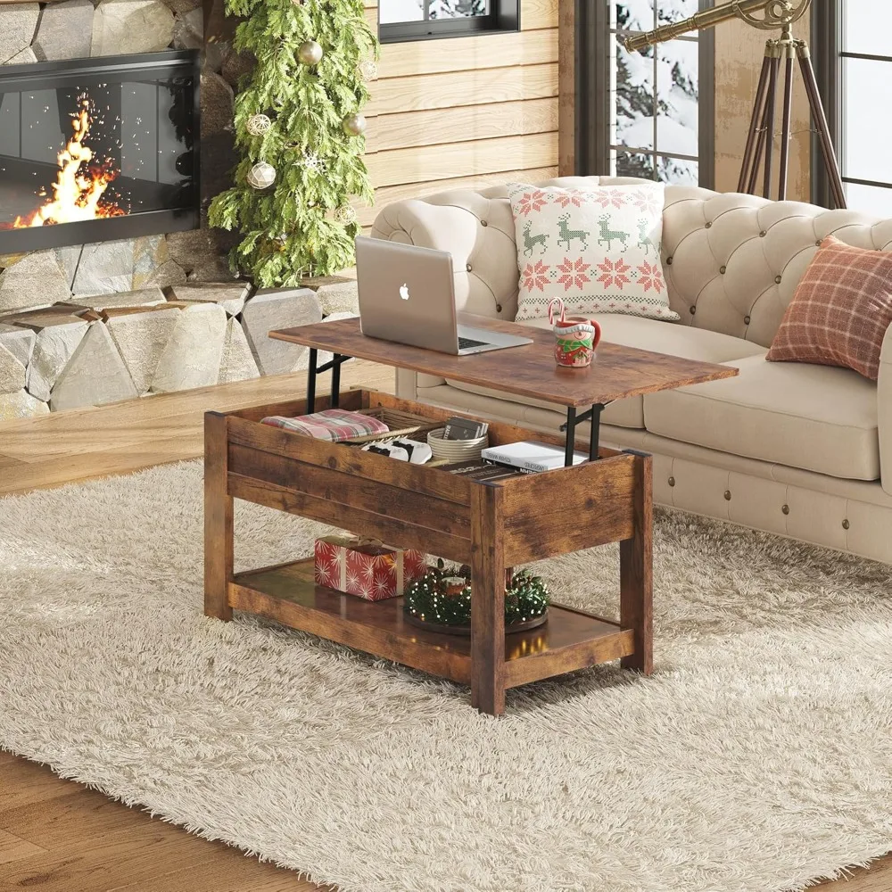 

Coffee Table, 39 Lift Top Coffee Table with Hidden Compartment and Storage Shelf for Living Room, Rustic Brown
